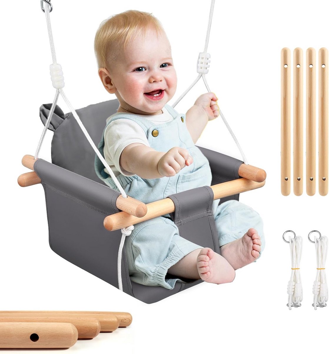 Houten Babyschommel voor Binnen en Buiten - Veilige Kinderschommel met Katoen Zitkussen (6 Maanden tot 5 Jaar)