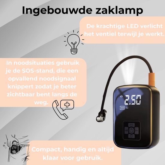 Stemap Compressor Bandenpomp - Elektrische Fietspomp - Luchtcompressor voor Auto, Scooter, Motor & Fiets - 3.600mAh - Oplaadbaar & Draagbaar - Met Verlichting - Tot 10bar van Merkloos — afbeelding 2