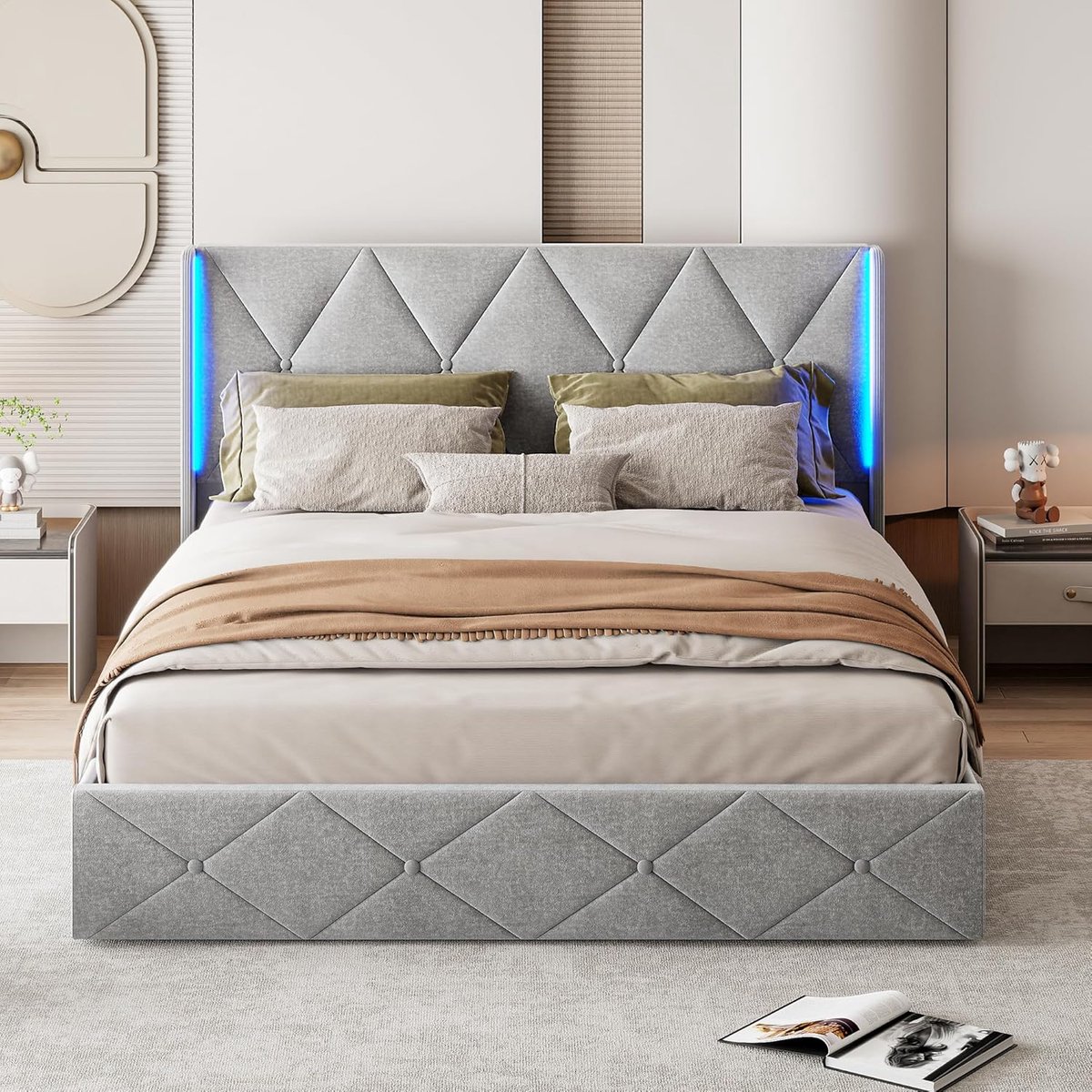 Tweepersoons Bed 160x200 cm met Opbergruimte, Padded Hoofdbord en LED Verlichting