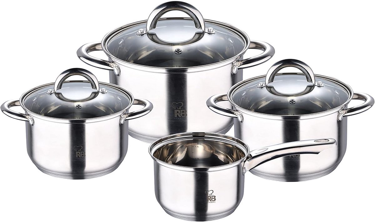7-delige RVS Pannenset met 3 Pannen (16, 18, 20, 24 cm) en Deksel