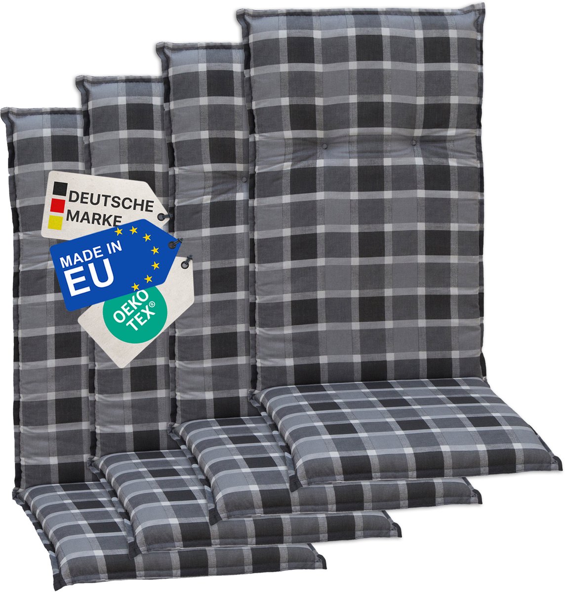 NYVI Tuinstoelkussens Hoog 4-delig Barcelona - UV-bestendig, Ademend, Duurzaam - Kussens Outdoor - Zitkussens voor tuinstoelen 118x50cm Antraciet Geruit