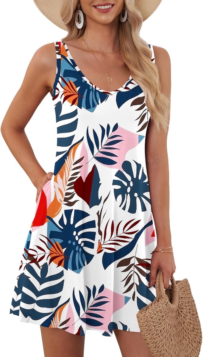 Dames Zomerjurk Losse Strandjurk Casual V-hals Swing Jurk met Zakken