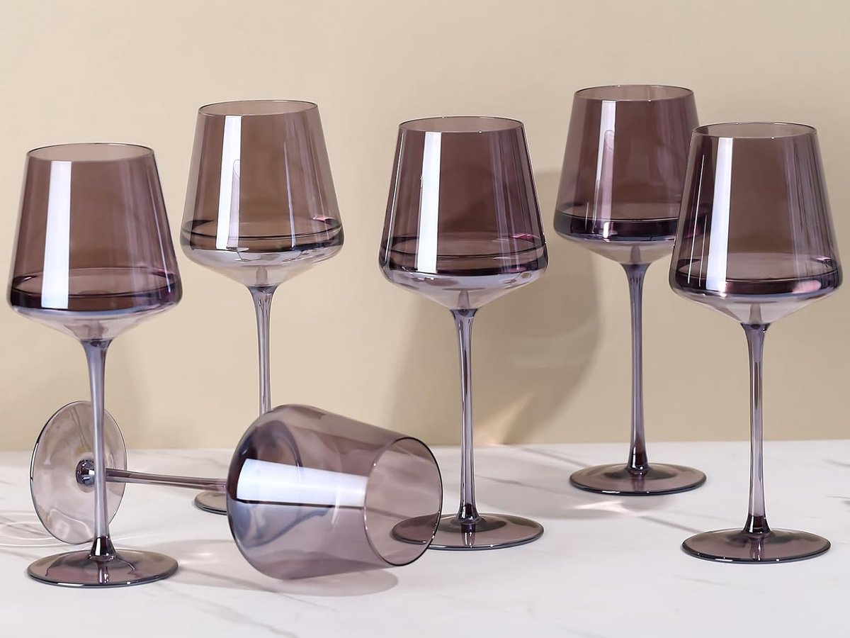 Set Gekleurde Wijnglazen Grijs - Handgeblazen Glaswerk - 6 Stuks - 470 ml