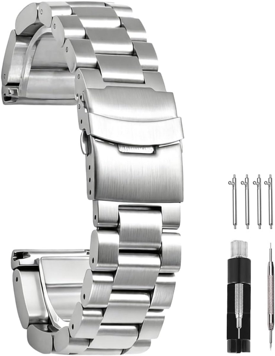 Horlogeband Staal - Klassiek Bandje - Dagelijks Gebruik - Verstelbare Band - 22-26mm - Zwart Zilver