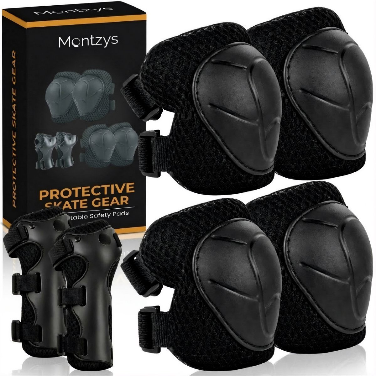 Montzys® Skate Beschermset Kinderen Skeeler Bescherming Kniebeschermers & Polsbeschermers Kind & Volwassenen Zwart