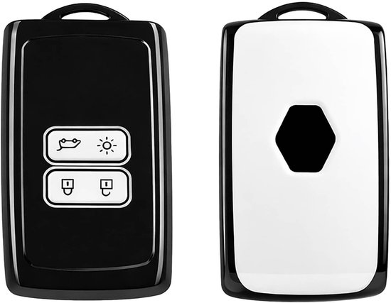 Zwarte en witte autosleutelcover met aan de voorzijde een zwarte glossy finish en vier witte symbolen. De achterzijde is wit met een zwart zeshoekig logo.