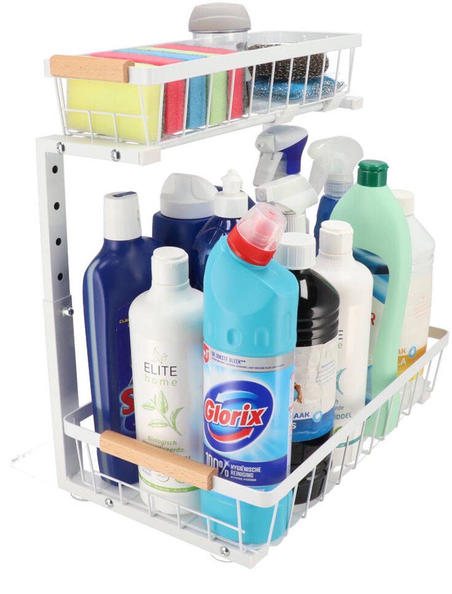 KROMS Gootsteenkast organizer wit maat M – Verstelbaar 2-laags gootsteenrek – Extra sterk tot 20 kg – Badkamer & keukenkast organizer