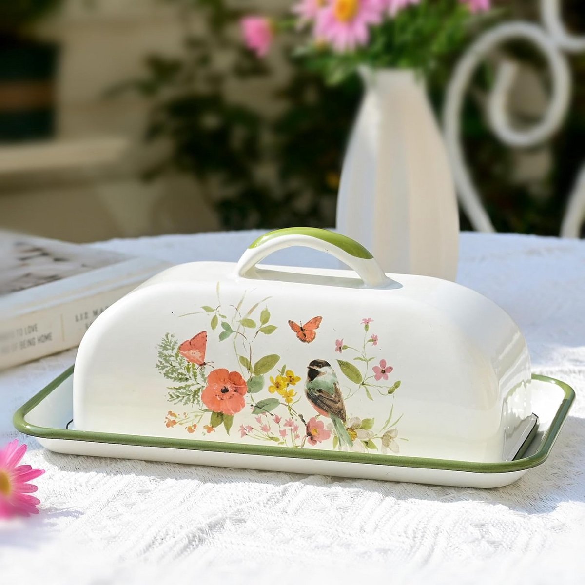 Vintage Emaille Botervloot met Bloem en Vogelpatronen voor Keuken