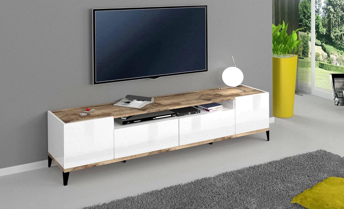 Moderne TV-Meubel met Opbergruimte en 2 Deuren - Wit Glans en Esdoorn