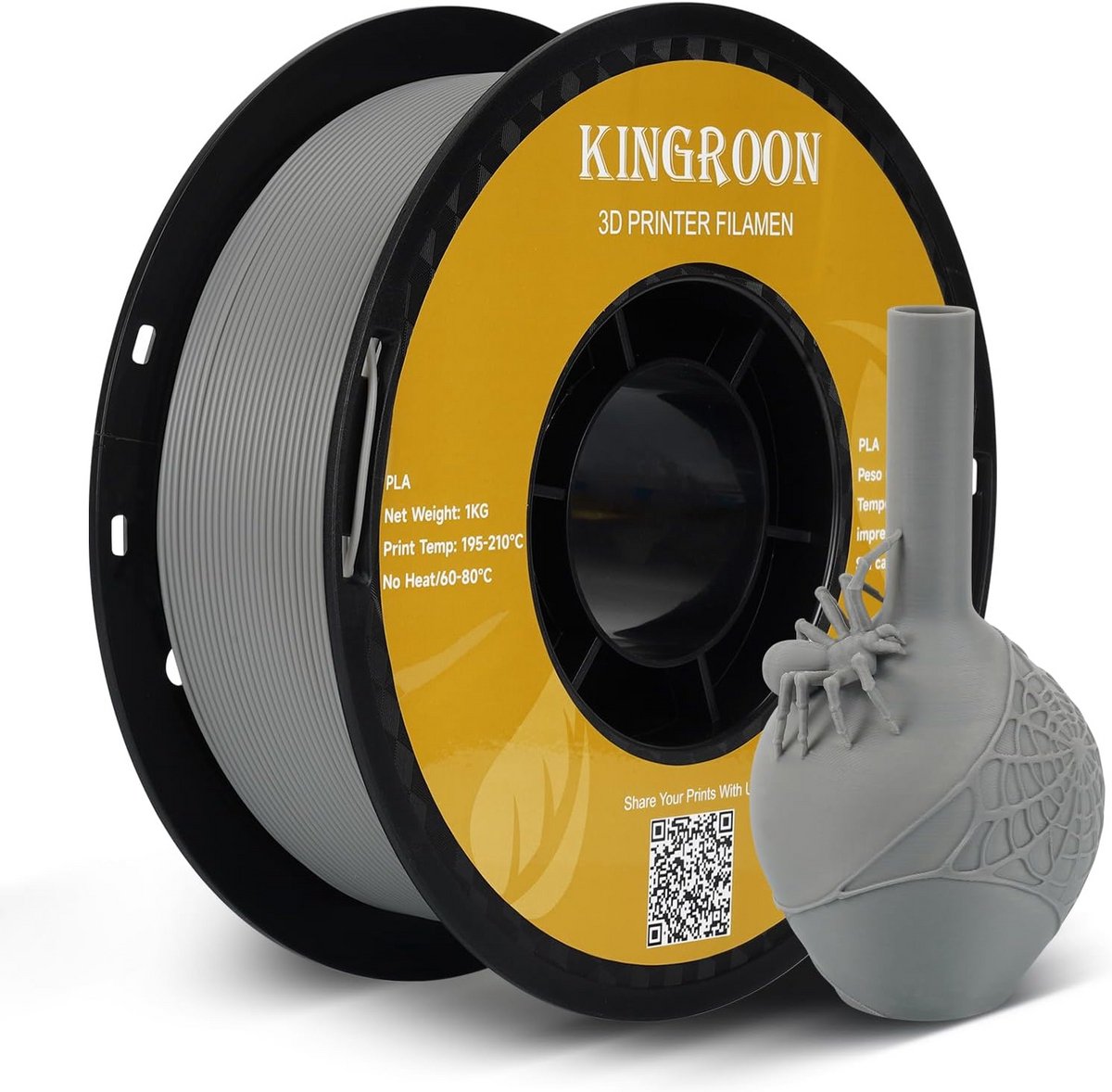 PLA 3D Printer Filament 1.75mm Grijs - 1kg Spoel, Hoge Maatnauwkeurigheid