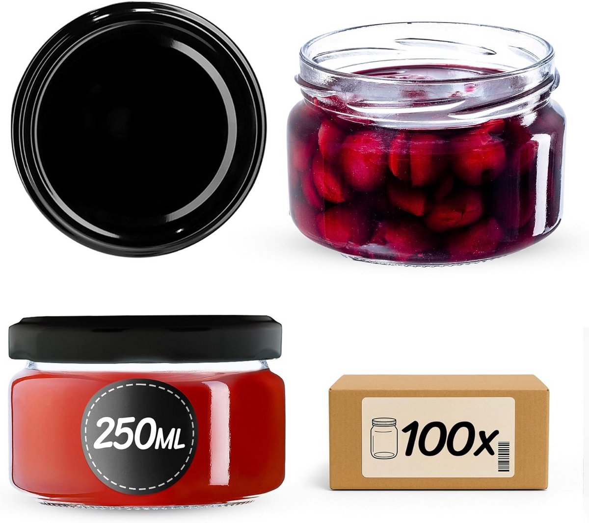 Set van 100 Glazen Jampotten 250 ml met Twist-Off Zwarte Deksel - Luchtdicht & Vaatwasmachinebestendig