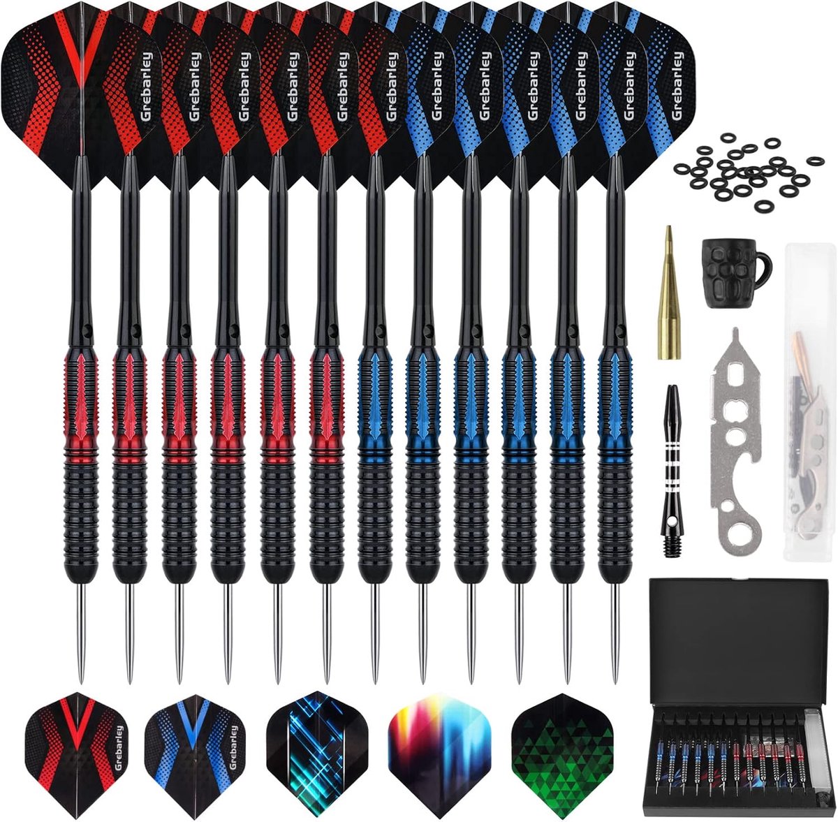 Dartpijlen set met metalen punt, 12 stuks in 20g en 22g, professionele stalen darts met aluminium schachten en accessoires