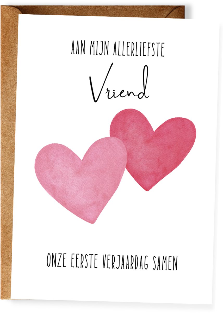 Liefdevolle verjaardagskaart voor vriend - Onze eerste verjaadag samen - Wenskaart met envelop