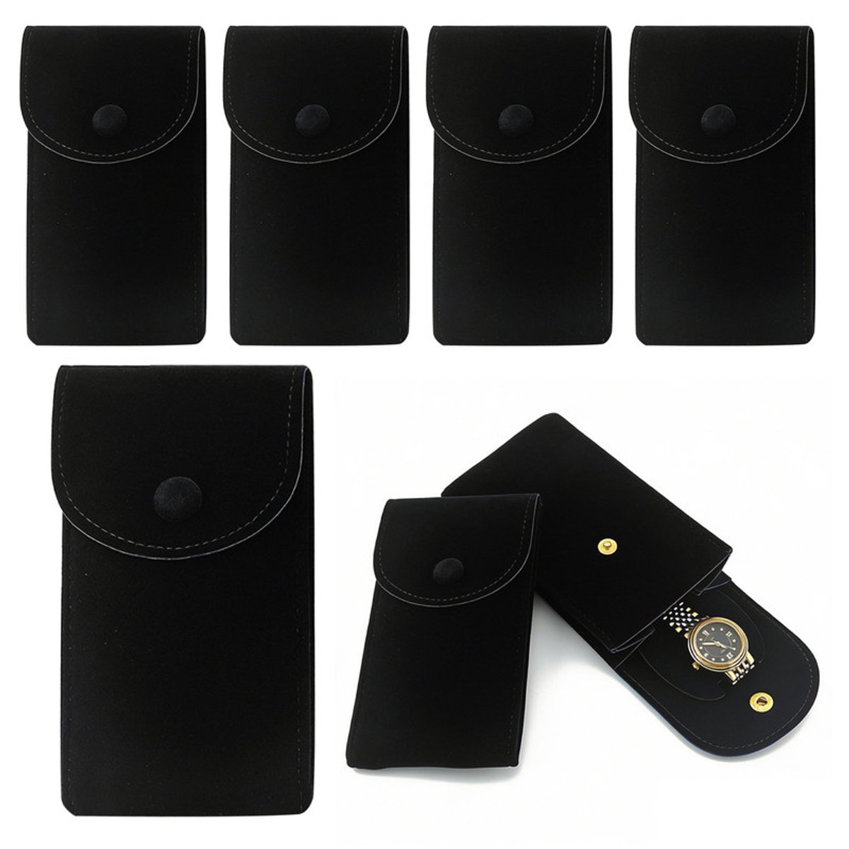 Horlogetasjes - draagbaar - unisex - met drukknoopsluiting - zwart - 5-pack