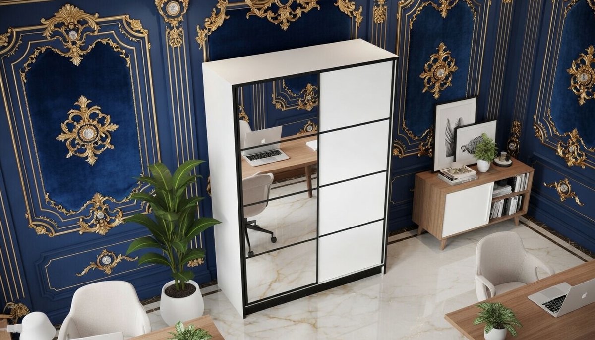 Kledingkast met Spiegel Casa Velluto Lumina – Moderne 2-Deurs Schuifdeurkast voor Slaapkamer en Hal – Uitschuifbare Garderobe, 104,8x205x39 cm – Wit, Laden en Planken Inclusief, Push-to-Open-systeem