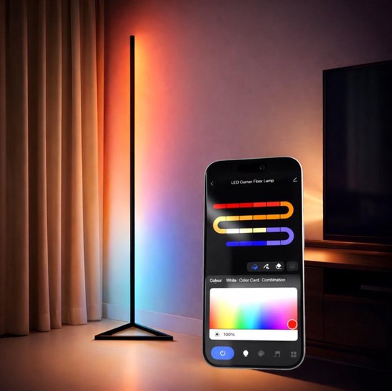 BUDDINGVE Slimme LED Vloerlamp - Modulaire Staande Driehoek Hoeklamp RGB + IC Warm Licht, Dimbaar, Muziekmodus, App & Afstandsbediening, Bluetooth, Hoogte Aanpasbaar 35–140cm, Moderne Sfeerverlichting
