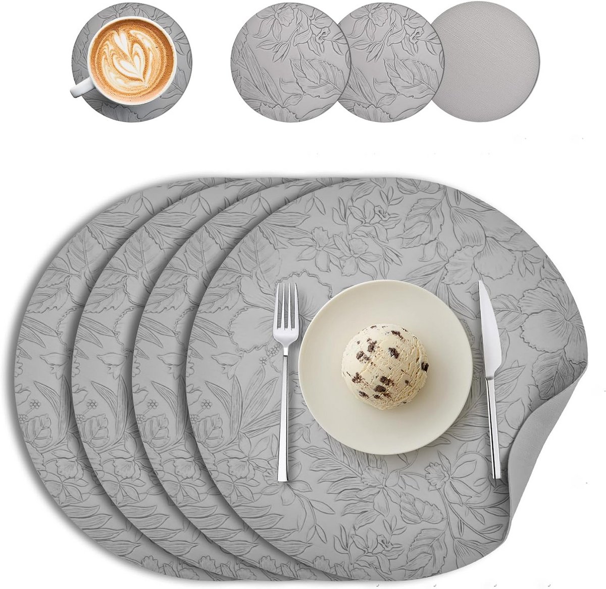 Set van 4 Ronde Placemats - Dubbelzijdig Kunstleer - Waterdicht & Antislip Tafelsets - Grijs