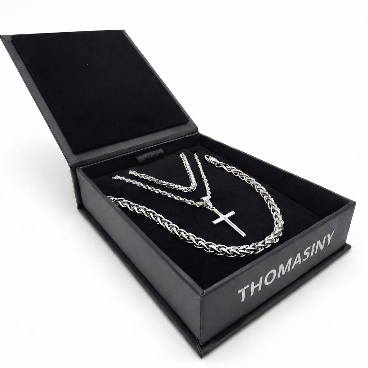 Kruis Cadeauset Zilver – 3-delige Heren Sieradenset – Kruishanger met Ketting & Armband – RVS – Luxe Geschenkverpakking