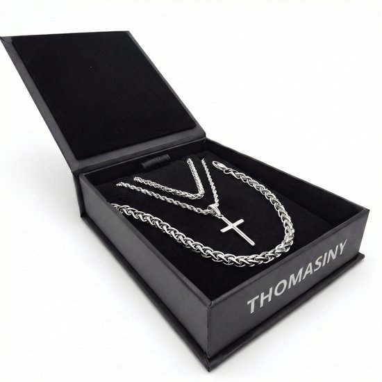 Kruis Cadeauset Zilver – 3-delige Heren Sieradenset – Kruishanger met Ketting & Armband – RVS – Luxe Geschenkverpakking