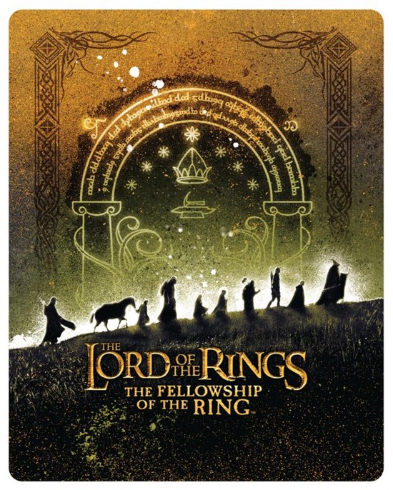 De Fellowship van de Ring, met de tekst 'The Lord of the Rings: The Fellowship of the Ring' in goudkleurige letters.