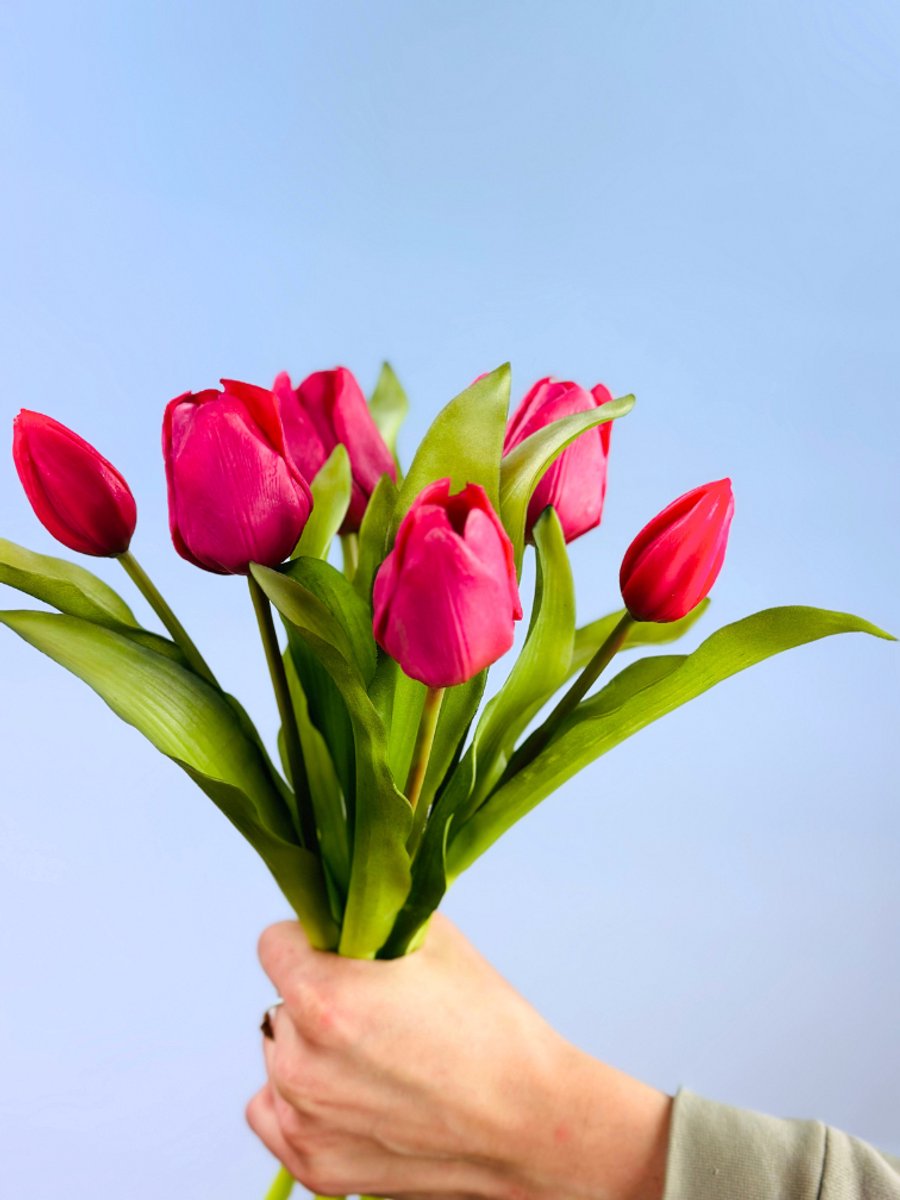 Kunst tulpen "Hollandse Pracht" fuchsia | 30cm | Prachtig gedetailleerd boeketje | Perfect als cadeau of als decoratie voor jouw eigen interieur