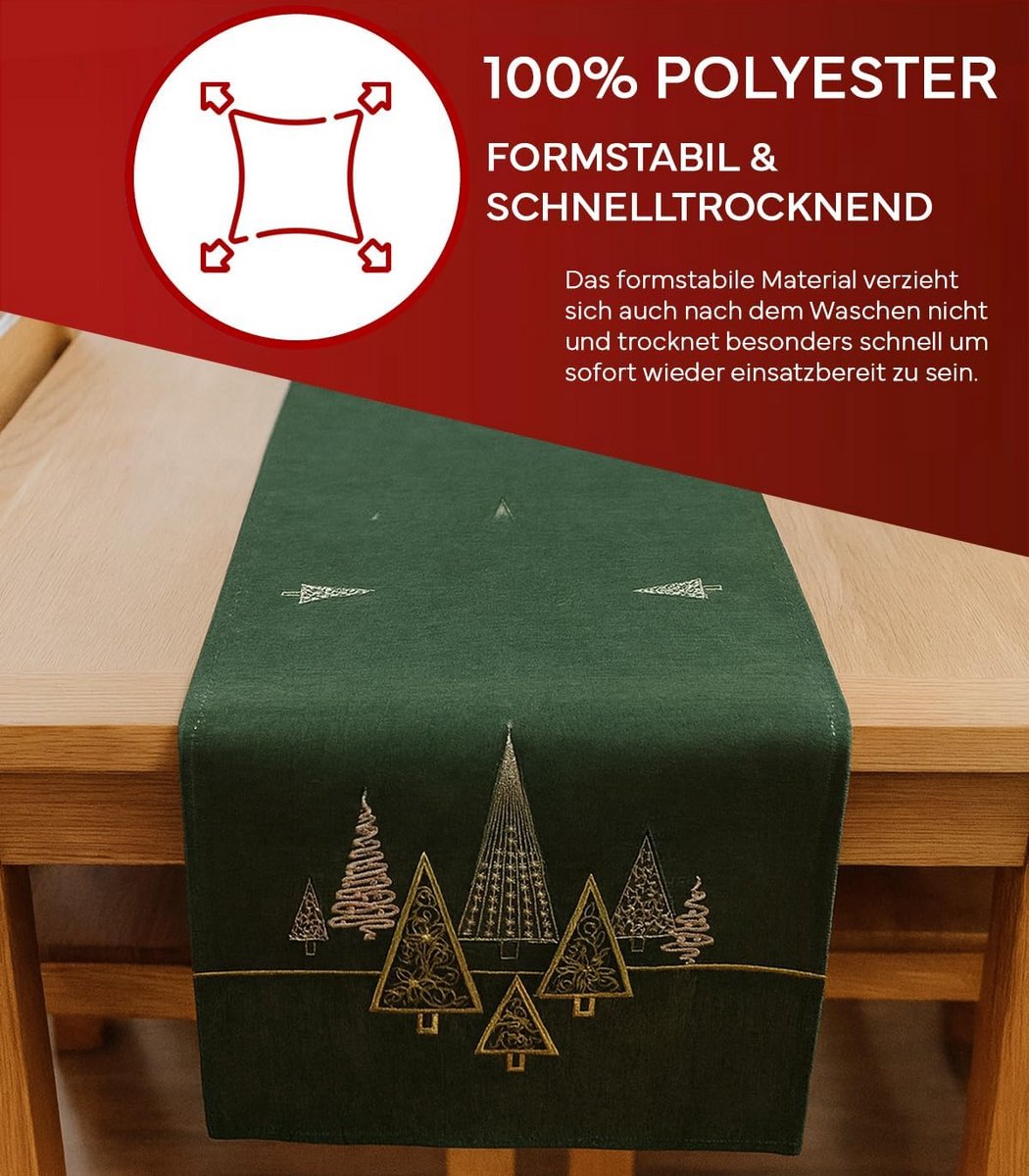 Witte Tafelloper 40x140 cm met Moderne Dennenbomen Borduurwerk - Kerstdecoratie