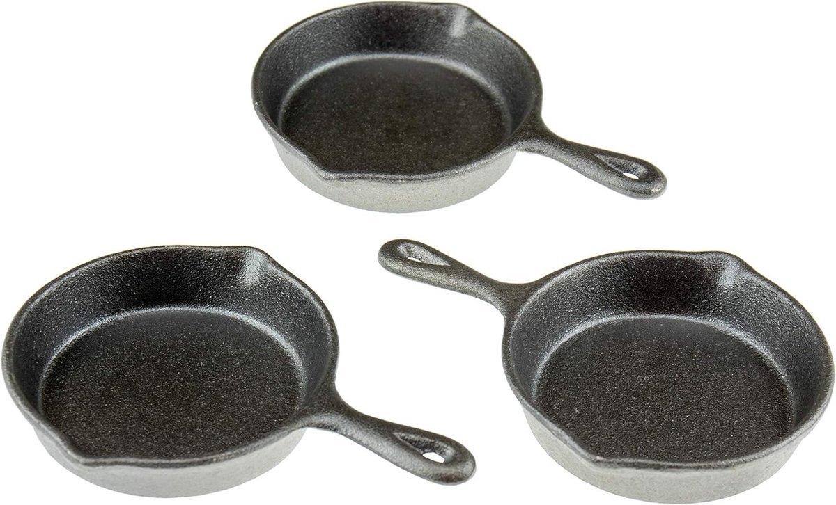 Set van 3 Mini Gietijzeren Koekenpannen - Voorverwarmd & Ovenbestendig