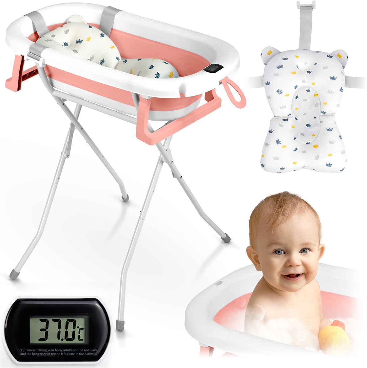 Opvouwbaar babybadje met standaard, thermometer en inzetstuk Ricokids RK-287 wit-roze