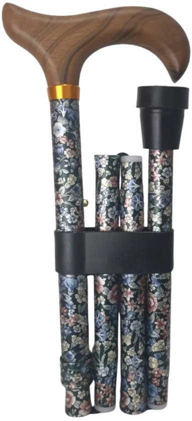 Opvouwbare wandelstok met klein bloemenpatroon in blauw, groen en roze, met houten Derby handvat en zwarte dop. Vastgezet met clip.