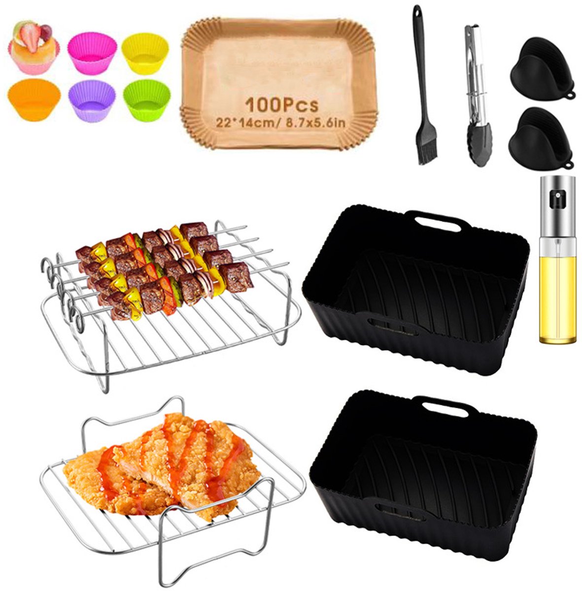 16 delig Airfryer Accessoireset - 304 Roestvrijstaal - Meerdere Lagen Rack voor Dubbele Zone Airfryer - Airfryer Accessoires Complete Set-Inclusief Airfryer Siliconen Bakje - Geschikt voor Philips Airfryer XL & Airfryer XXL HD9650