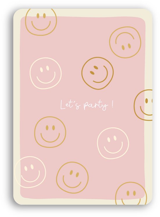 Uitnodiging kinderfeestje meisjes - 12 stuks - Enkele kaart - Smiley roze - Let's Party