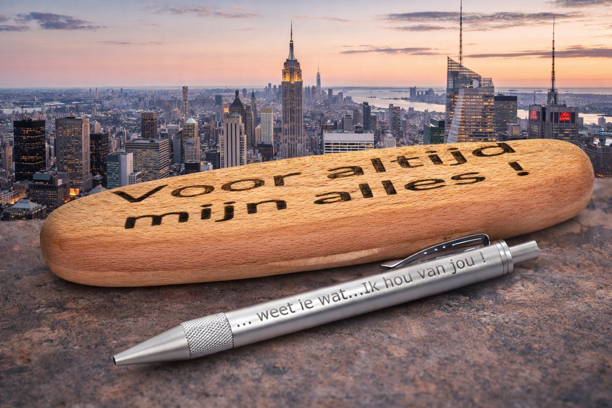 NEW YORK set – Gepersonaliseerde aluminium balpen met ovaal houten doosje – Lasergravure – PARKER navulling