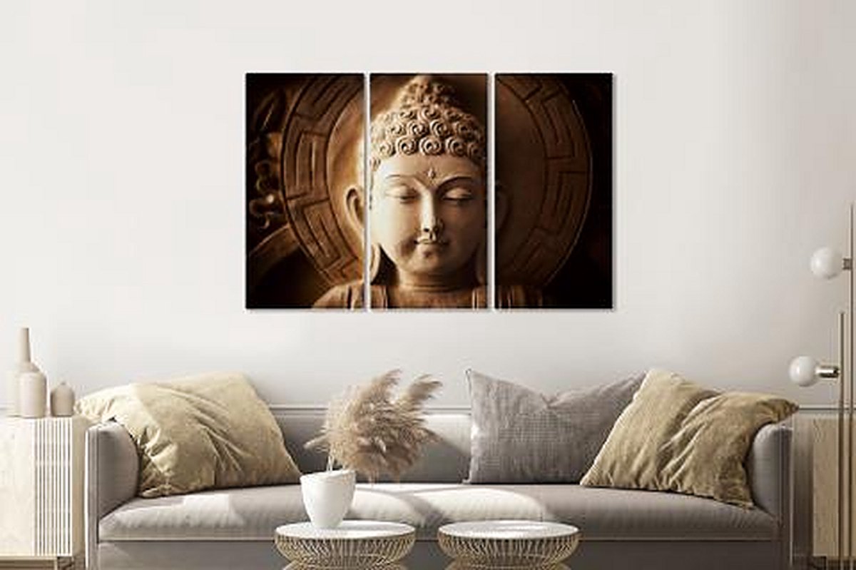 karo-art Schilderij - Mijmerende Boeddha, 3 luik, 120x80cm premium print Multikleur