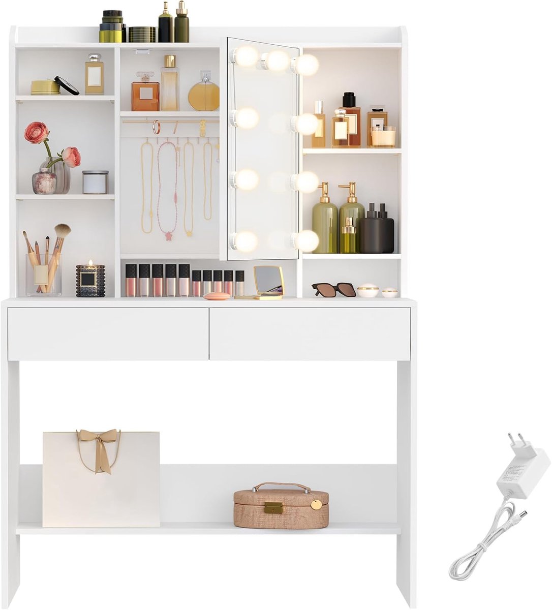 Make-uptafel met LED Spiegel en 5 Laden – Kaptafel met Stoel, Afgeronde Hoeken en Instelbare Verlichting – 100 x 40 x 76 cm – Grijs – Pauwhome