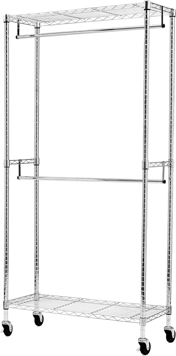 Dubbele kledingstang, open met wielen en in hoogte verstelbare planken, maximaal gewicht 181 kg, chroomkleurig, 91 cm L x 35,5 cm B x 183 cm H