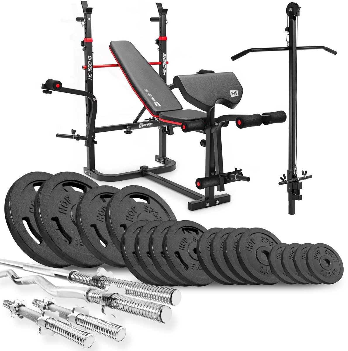 Hop-Sport HS-1065 – Halterbank Set – Gietijzeren Halterset met Lat Pulley – Verstelbaar – Krachttraining Thuis