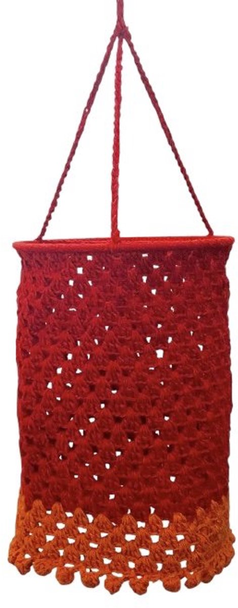 Leena-Leena duurzame lampion - rood/oranje - bio katoen - 15ø cm x L 22 cm + ophanglus - hand gehaakt in Nepal - bohémien lamp - boho lamp - kinderkamer - kamerdecoratie - hanging basket - lampenkap - moederdag