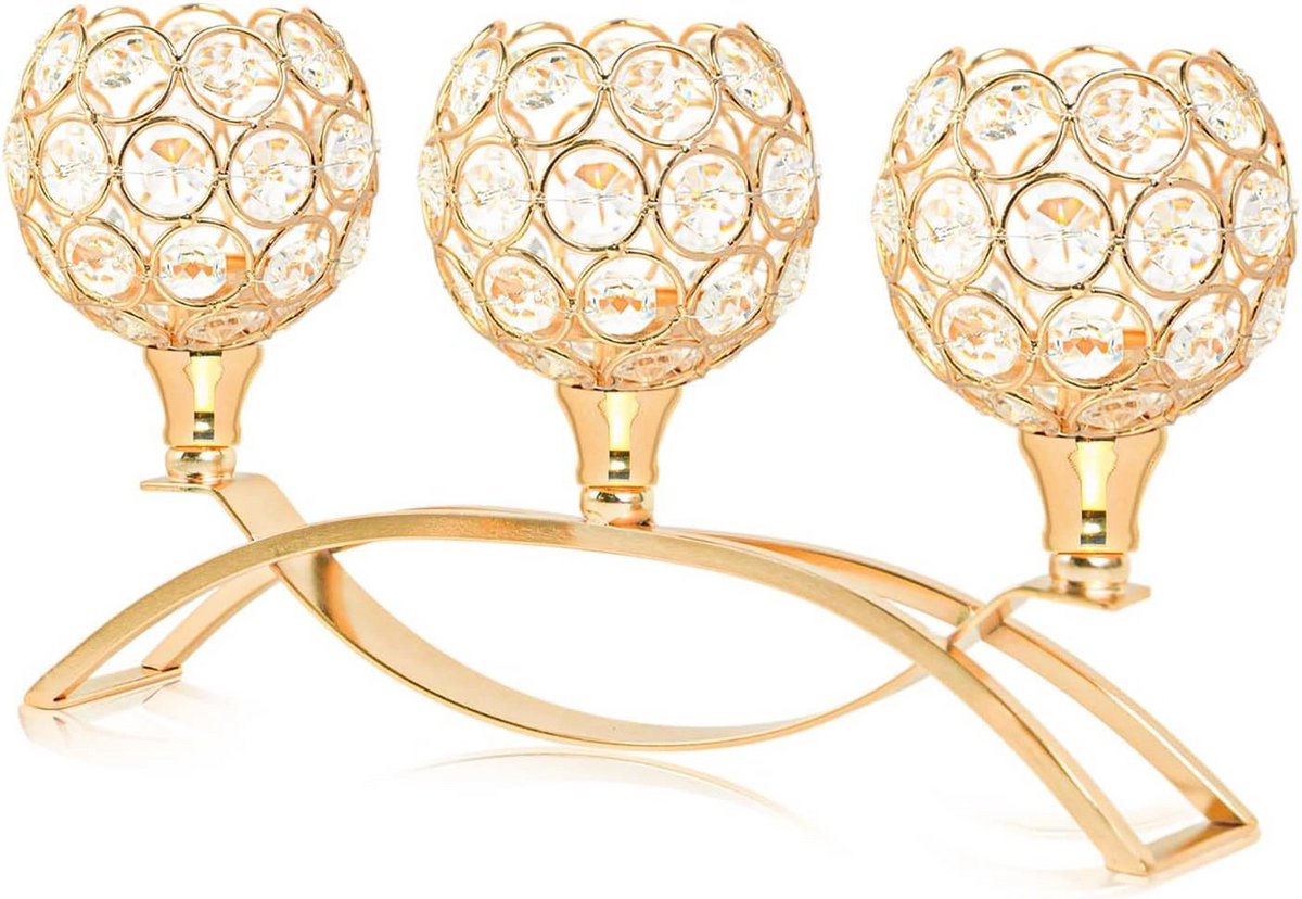 Elegante Kristallen Kandelaar 3-arm Tafeldecoratie voor Bruiloft & Feest Centerset | Goud