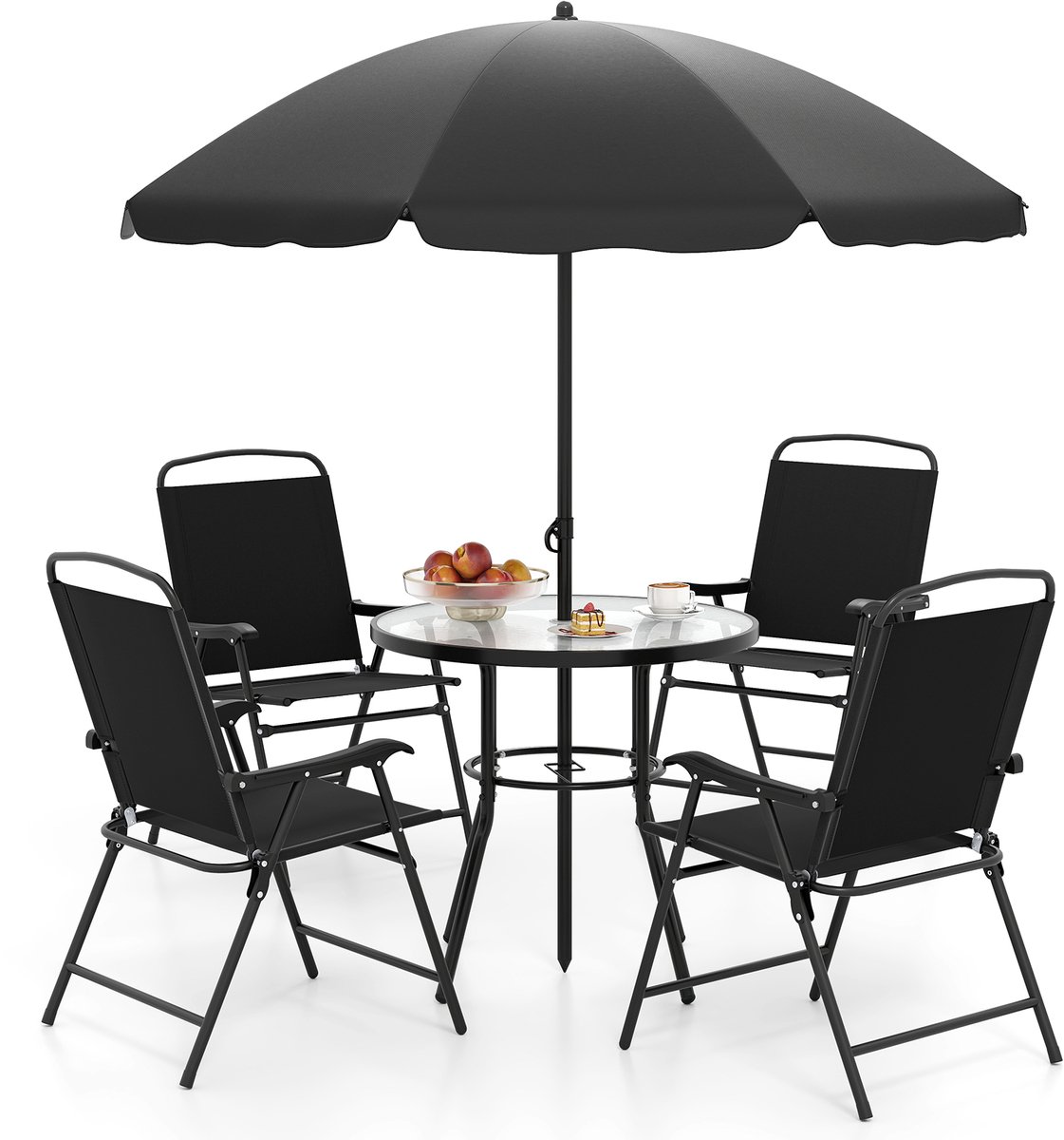 COSTWAY Tuinmeubelset, tuintafel met 4 stoelen en parasol, terrasmeubels, balkonmeubels, tuinset, zitgroep voor terras, balkon, tuin