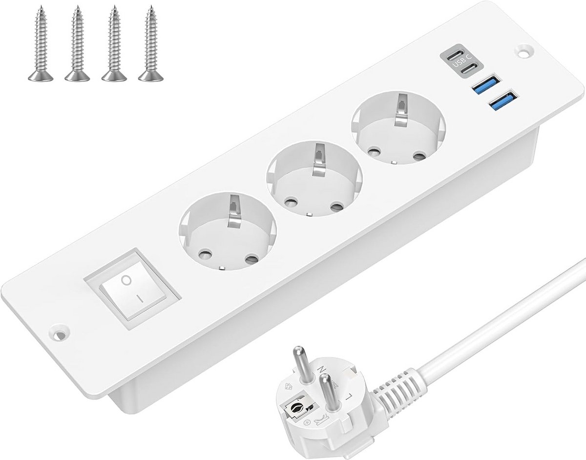 Inbouwstekkerdoos met 3 Stopcontacten en USB-C voor Werkblad