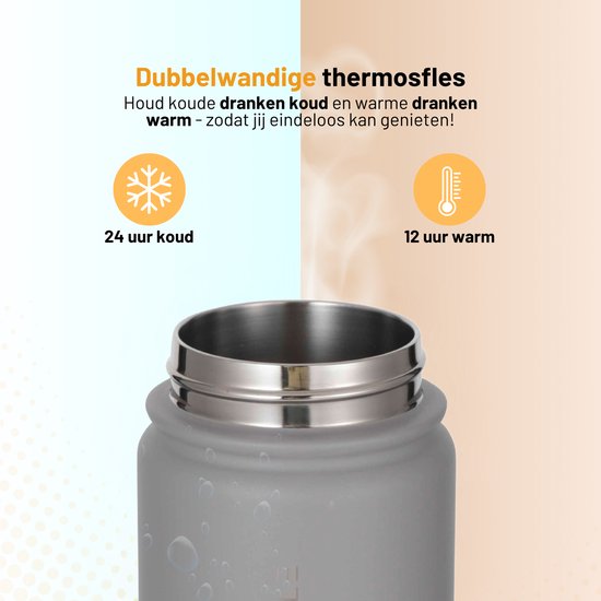 Dubbelwandige thermosfles, houdt 24 uur koud en 12 uur warm.
