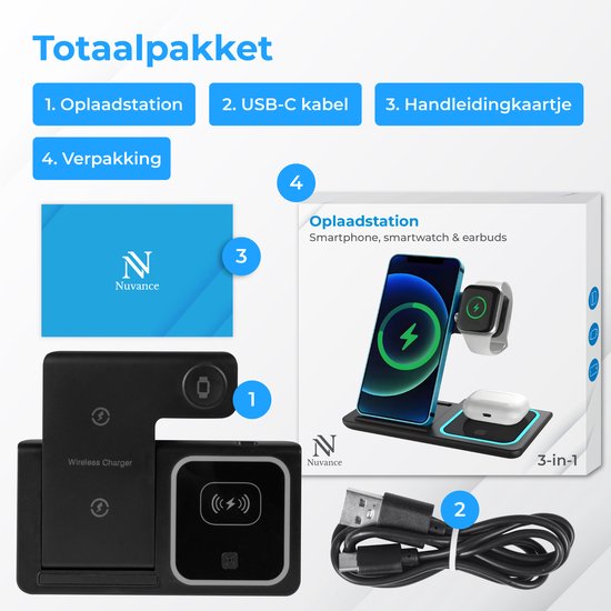 Nuvance Draadloze Oplader - 3 in 1 - 15W - Oplaadstation - Snellader - Wireless Charger - Geschikt voor Apple Smartwatch & Oortjes