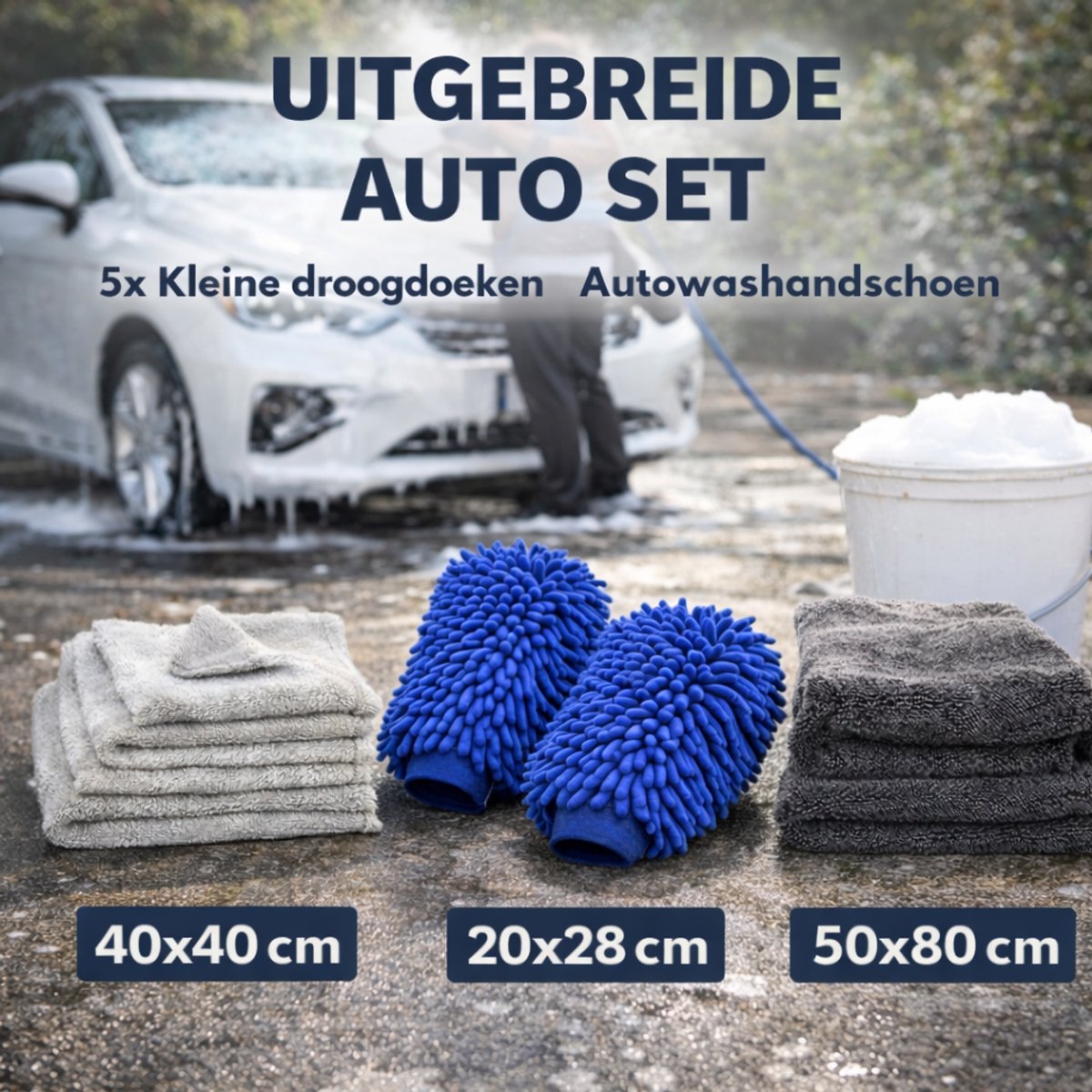 By Alejna - Auto was set - Auto droogdoeken set - 1 keer droogdoek 50x80cm 1200gsm - 5 keer 40x40cm doeken - Washandschoen 20x28cm
