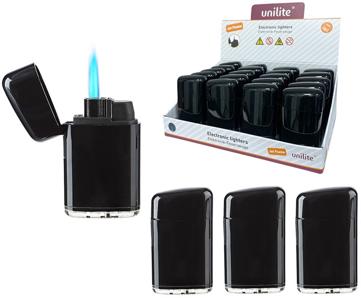 Unilite Stormaansteker – Piano Black - Jet flame- 20 stuks Turbo Gasbrander - Koksbrander - Keukenbrander - Verstelbaar vlam - navulbaar gas