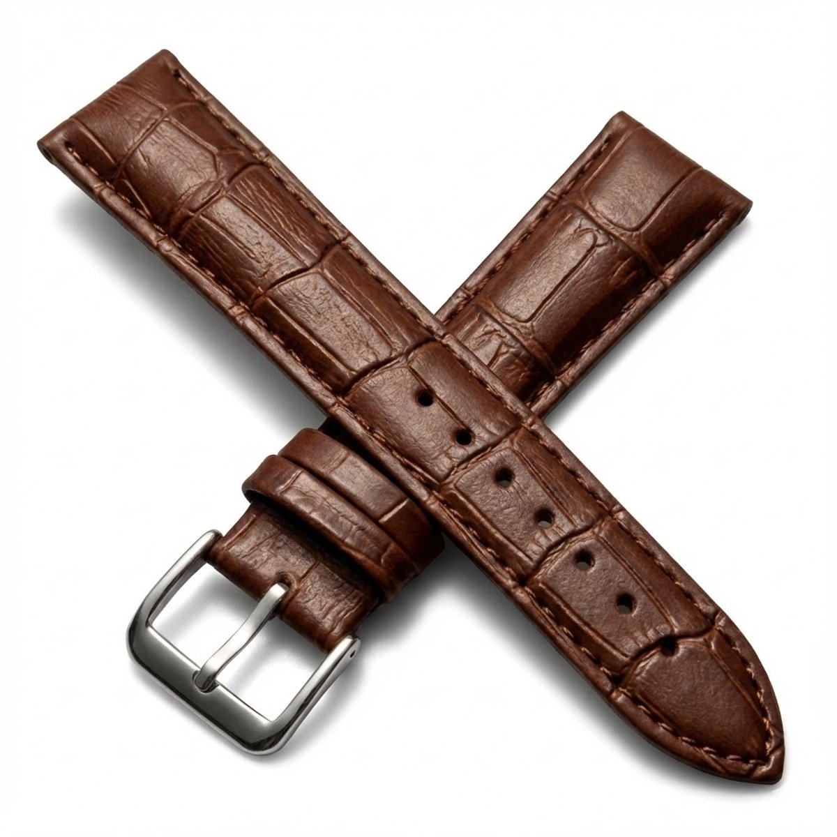 Bruin horlogebandje 12 mm geschikt voor dames en heren met krokodillenlook structuur en zilverkleurige gesp, smal vervangend horloge bandje met stiksel