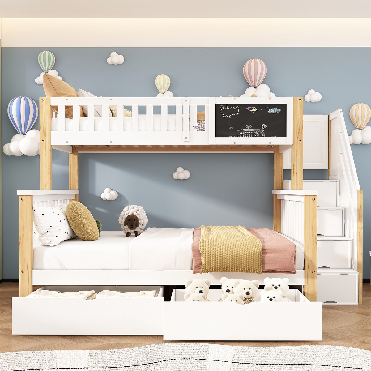 Merax Stapelbed 90x200 cm en 140x200 cm - tweepersoonsbed - kinderbed - met krijtbord en lade - zonder matras - wit en houtkleur