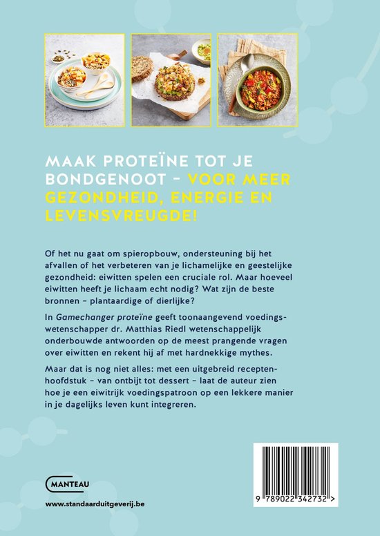 Livre de recettes sur les protéines et une alimentation saine, avec trois images de plats.