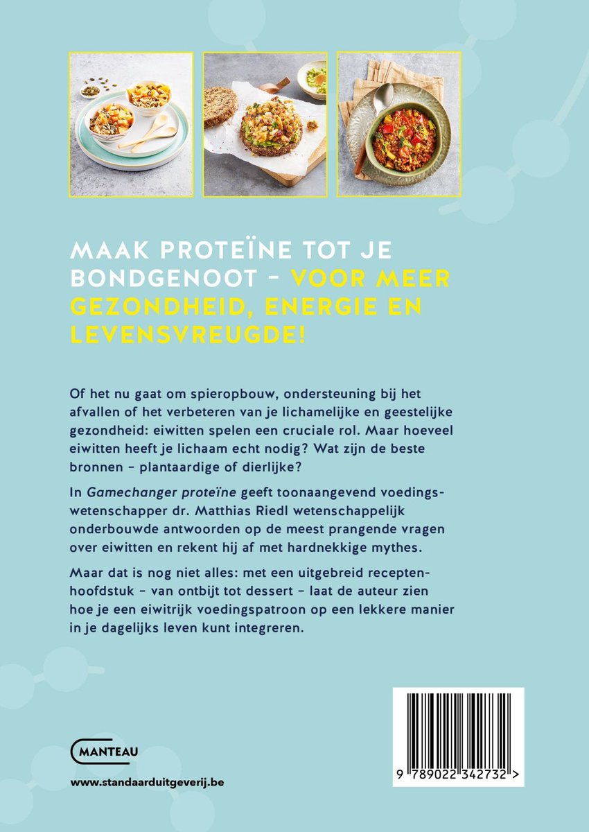 Livre de recettes sur les protéines et une alimentation saine, avec trois images de plats.