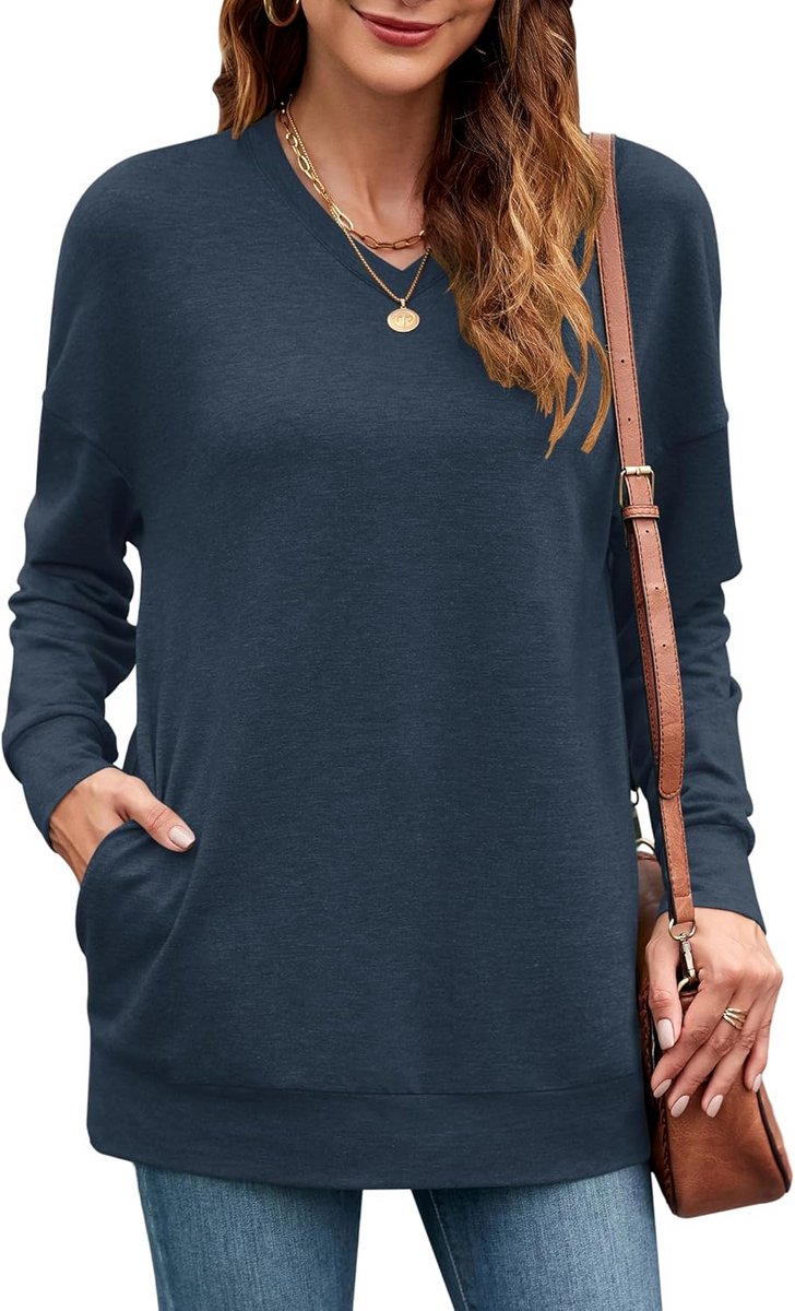 Dames Sweatshirt Oversized V-Hals Dunne Pullover Casual Trui met Zakken