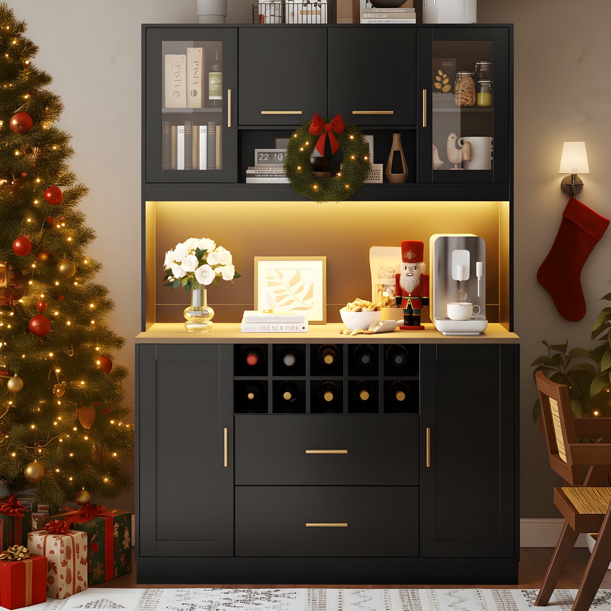 Clruro Buffetkast - 120x36x180 cm - Modern met LED en Stopcontact - 6 Deuren en 2 Lades - Hout - Zwart-wit